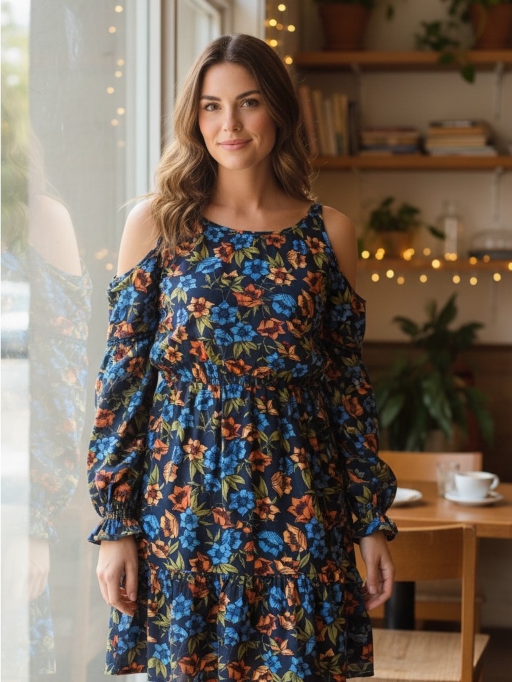 J.O.A. Navy Cold-Shoulder Floral Tiered Dress